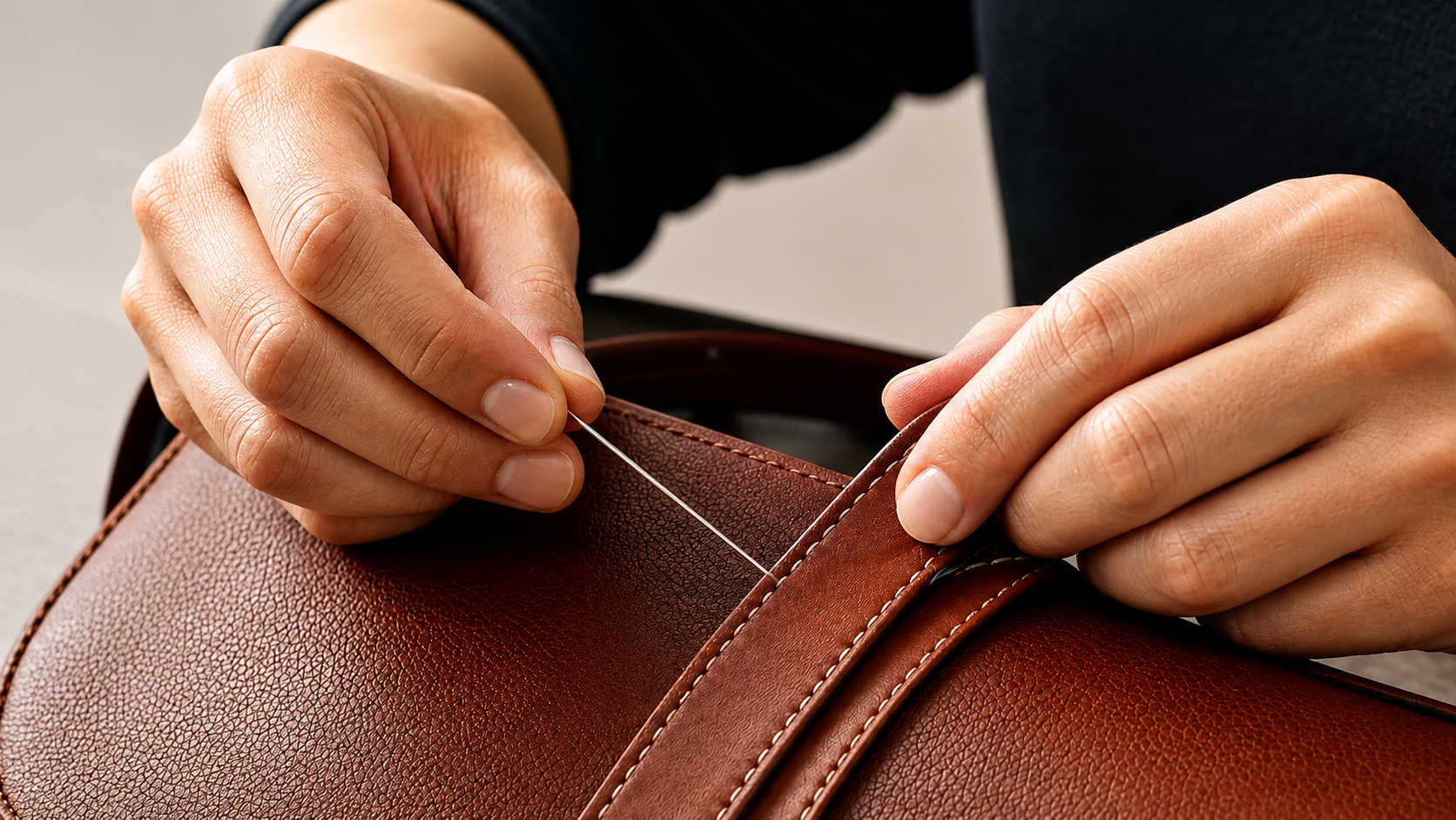 Cairva PU leather bag detail being carefully hand-stitched