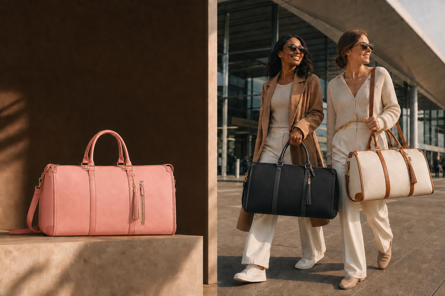 Two travelers carrying rose-pink and cream Cairva bags through an airport