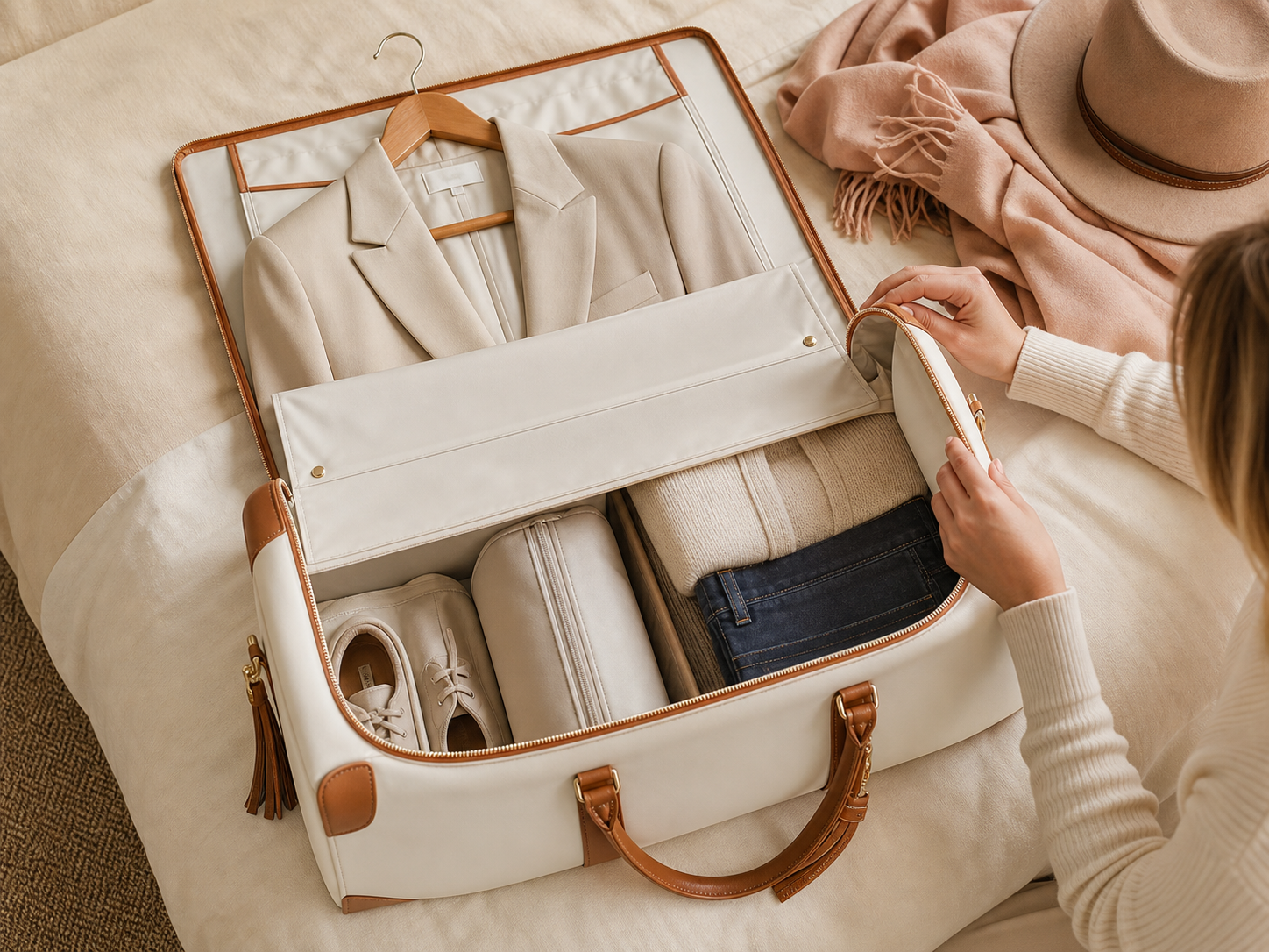 Cream Cairva bag opened and neatly packed with travel outfits