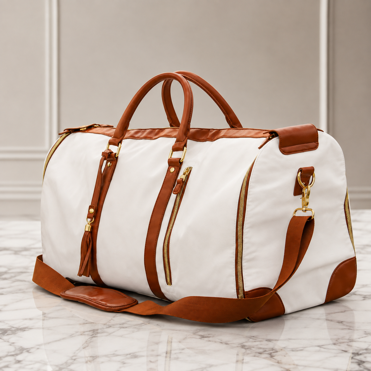 Cream-and-cognac Cairva weekender on a marble surface